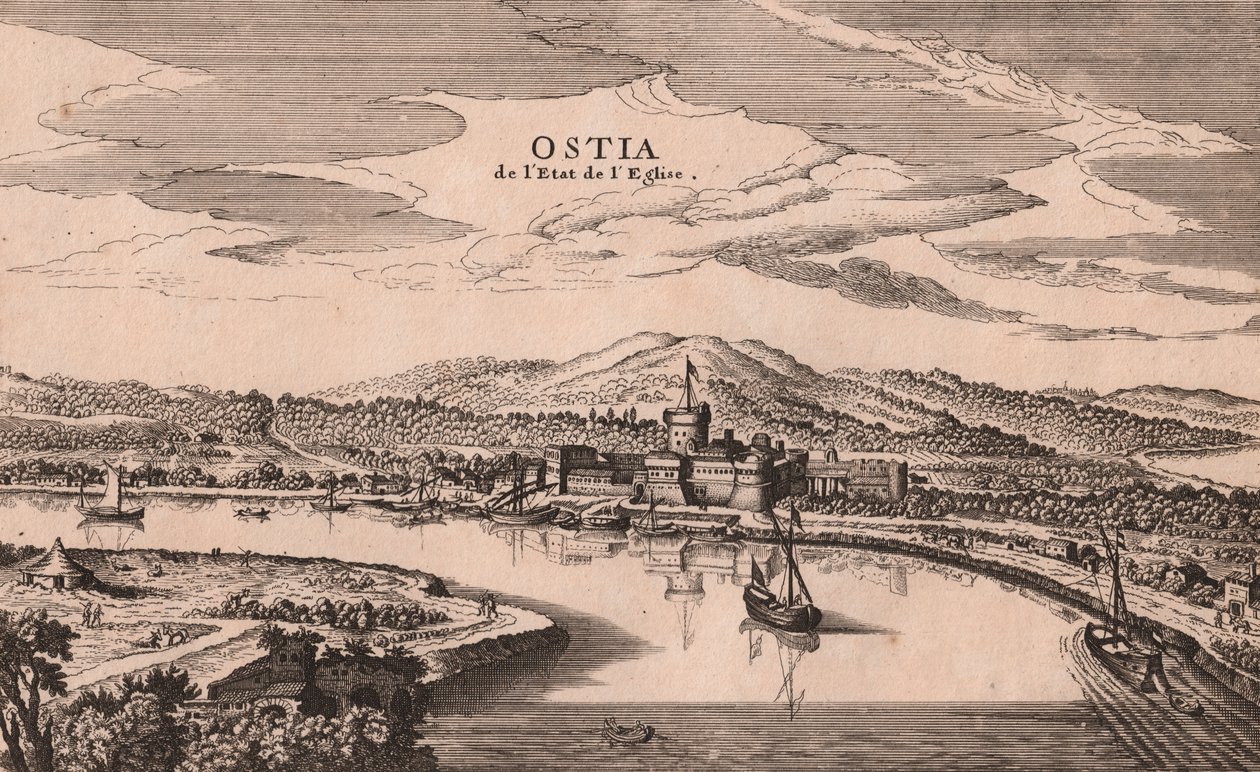 Perspektivní pohled na město Ostia a přístav, Lazio, Itálie, mědirytina, cca 278x173 cm od Joan Blaeu