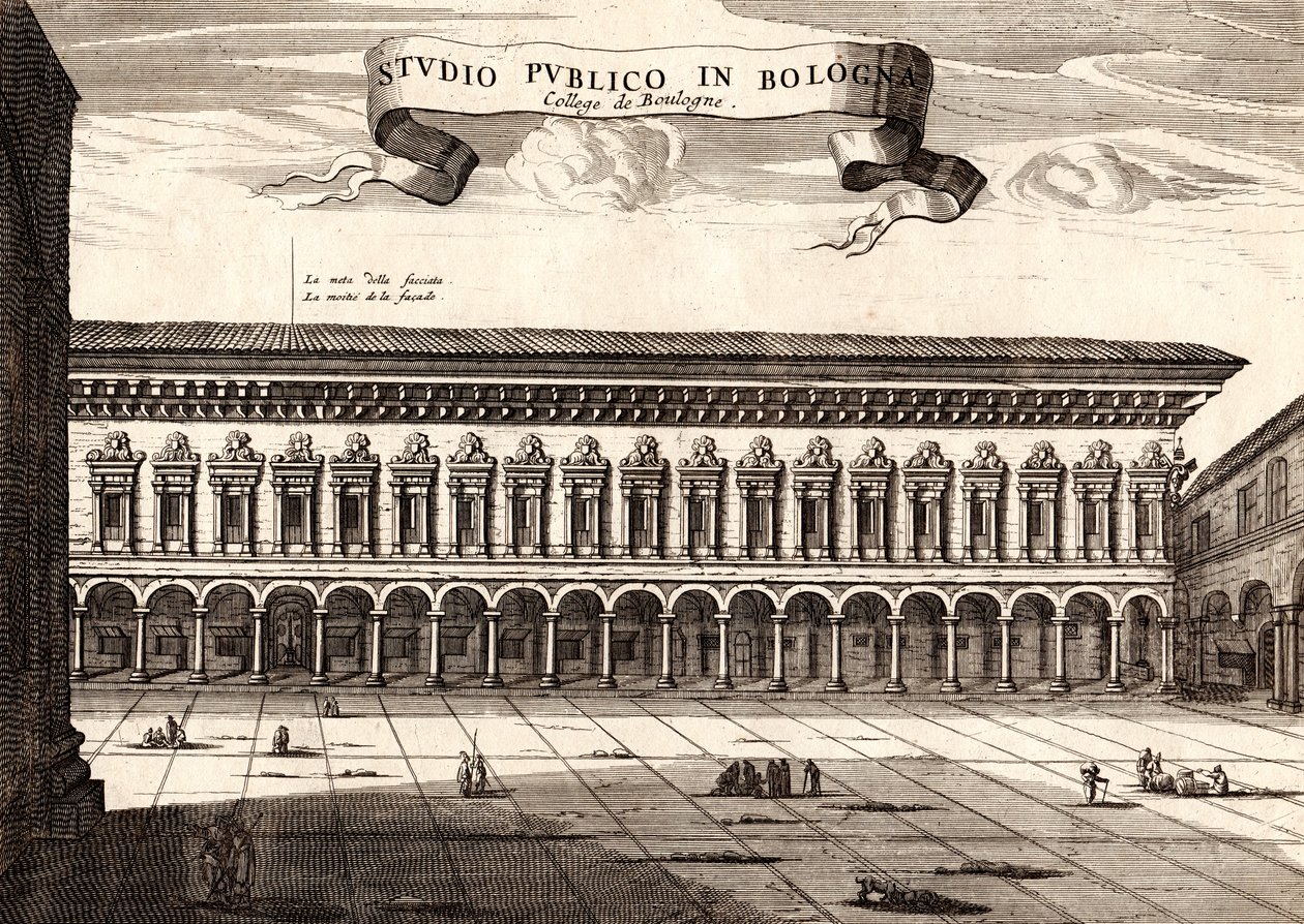 Palác Archiginnasio, Bologna, Emilia-Romagna, Itálie, mědirytina, cca 21x29 cm od Joan Blaeu