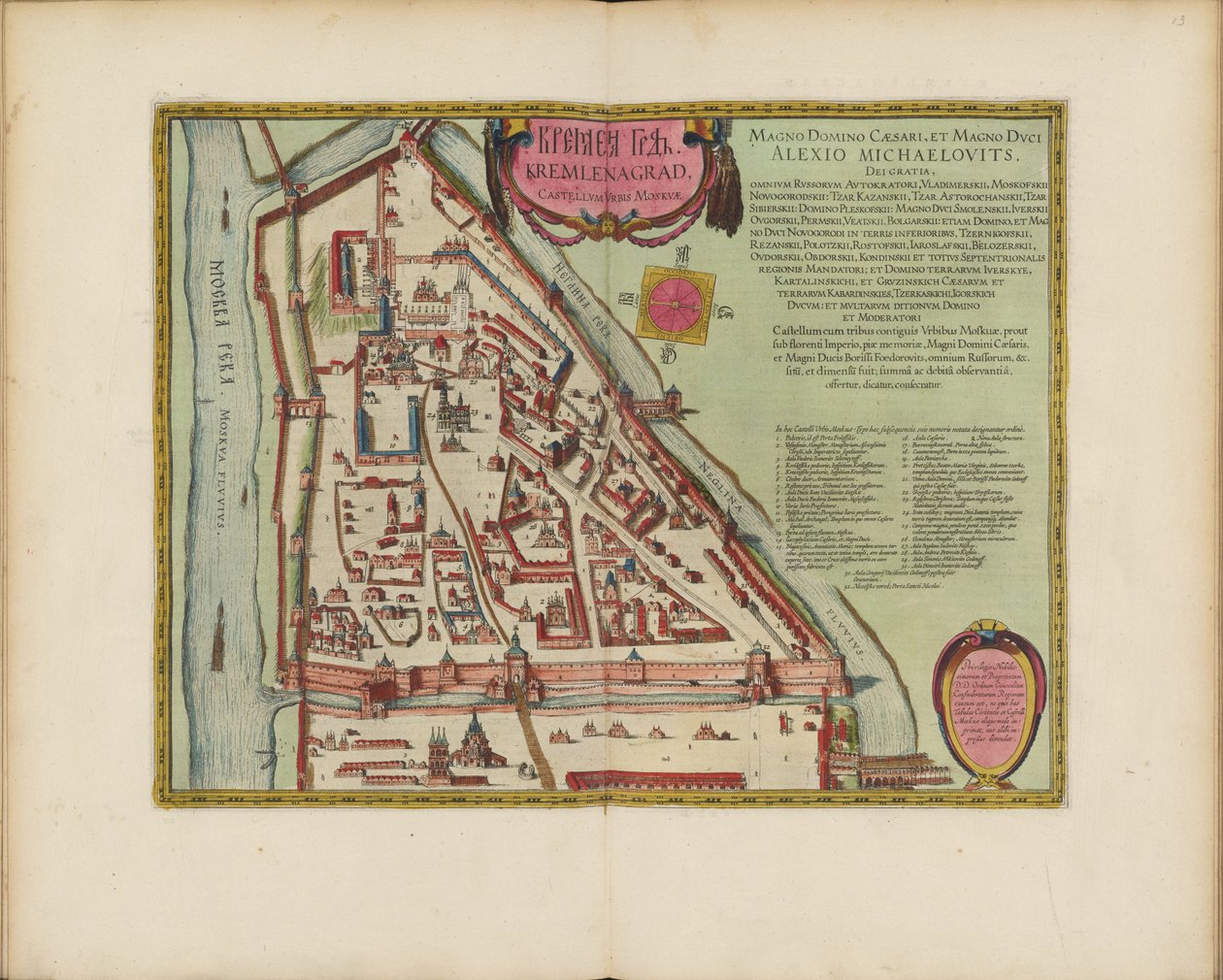 Mapa moskevského Kremlu ze 16. století Castellum Urbis Moskvae, ca. 1600. od Joan Blaeu