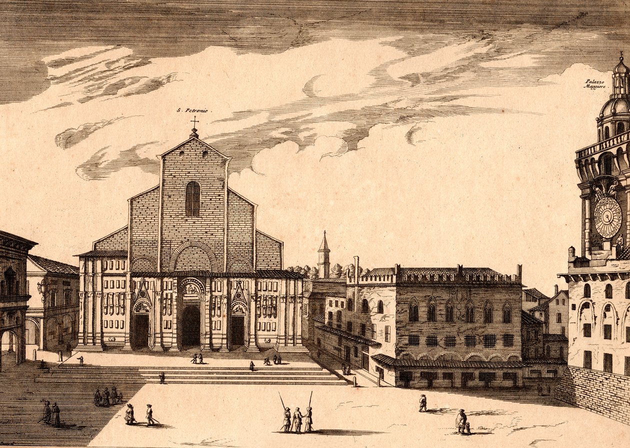 Bazilika San Petronio na Piazza Maggiore, Bologna, Emilia-Romagna, Itálie, mědirytina, cca 21x29 cm od Joan Blaeu