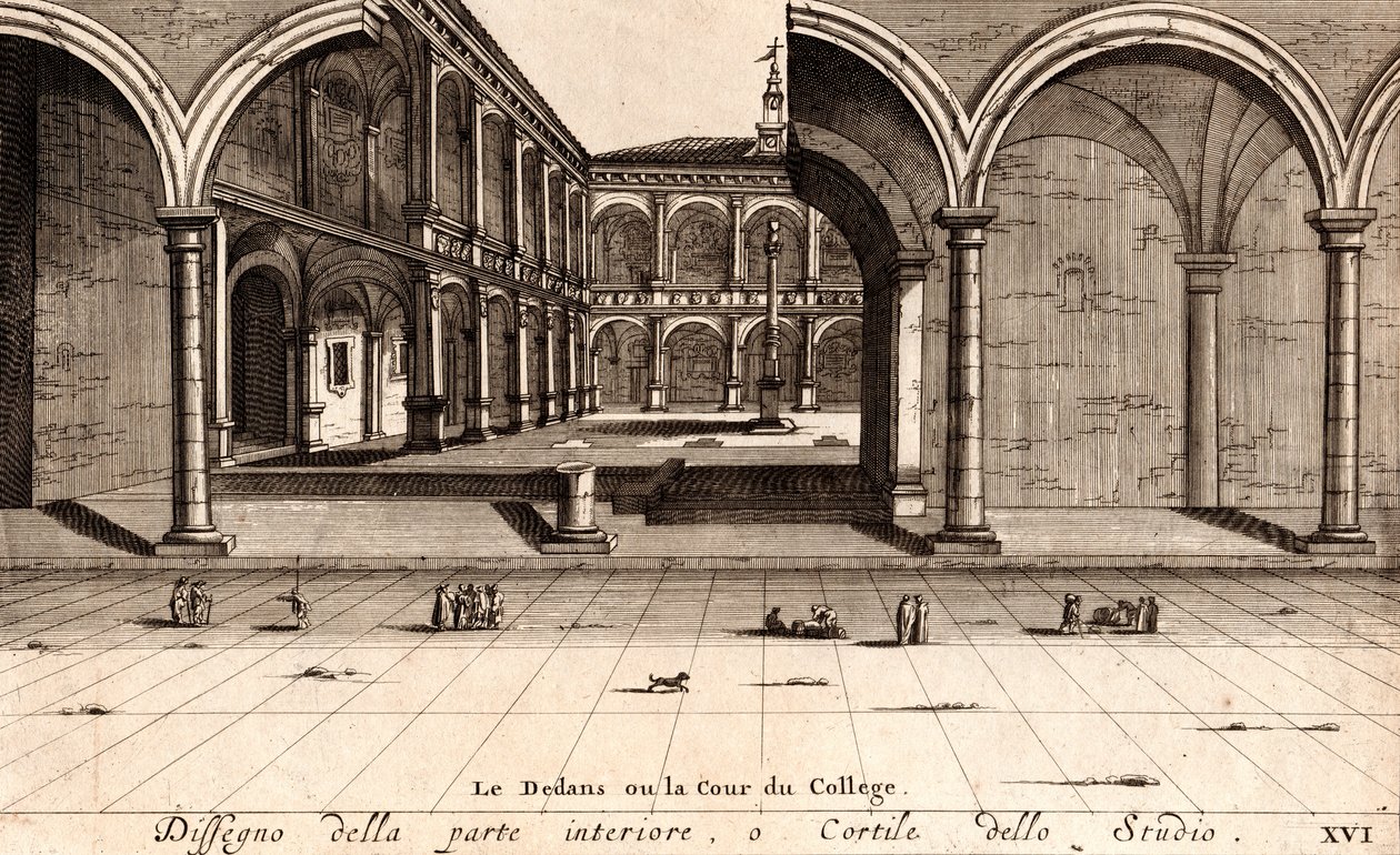 Vnitřní nádvoří paláce Archiginnasio, Bologna, Emilia-Romagna, Itálie, mědirytina, cca 21x29 cm od Joan Blaeu