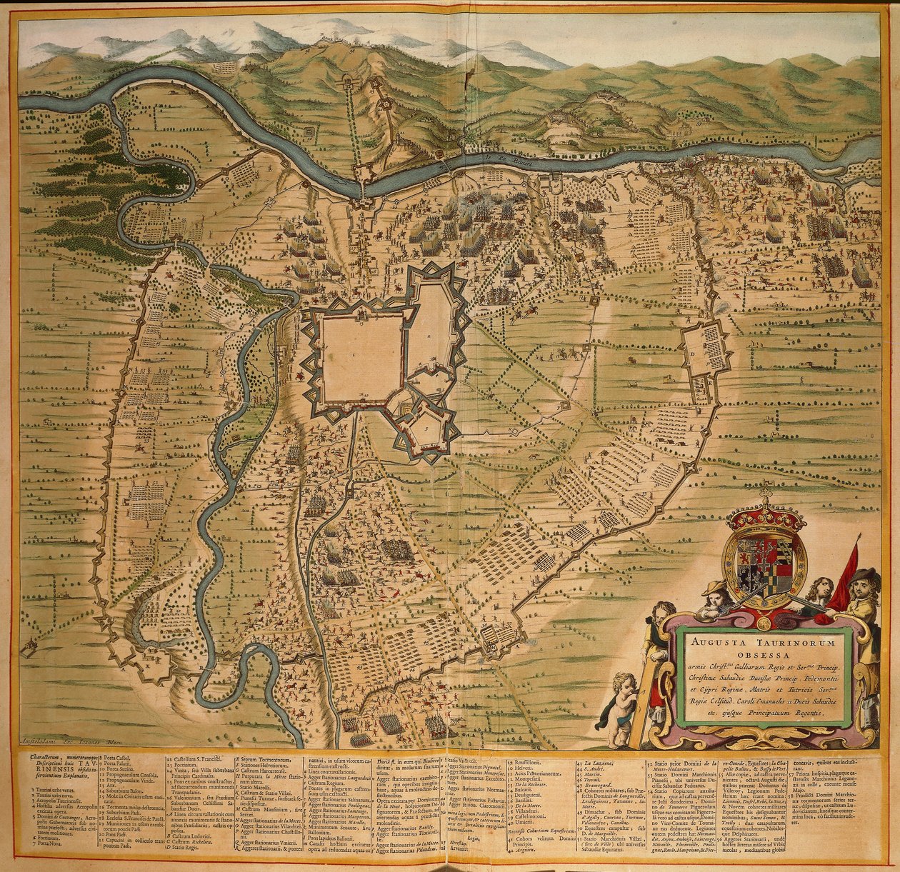 Obléhání Turína v roce 1639, barevná rytina z Theater Sabaudiae od Joan Blaeu, vytištěno v Itálii od Joan Blaeu