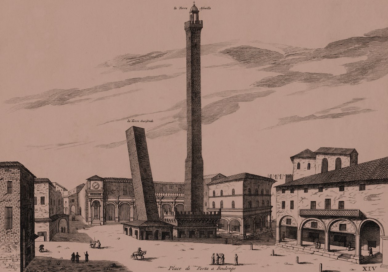 Dvě věže (Asinelli a Garisenda), Bologna, Bologna, Emilia-Romagna, Itálie, mědirytina, cca 21x29 cm od Joan Blaeu