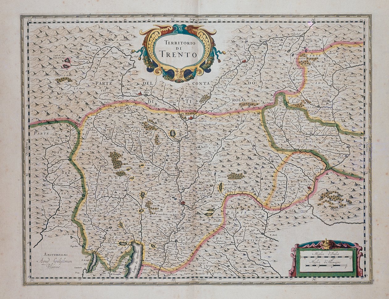 Oblast Trenta, z knihy Divadlo světa aneb Nový atlas map a vyobrazení všech regionů (Theatrum orbis terrarum, sive, Atlas novus), autor: Joan Blaeu (1596-1673), Itálie od Joan Blaeu