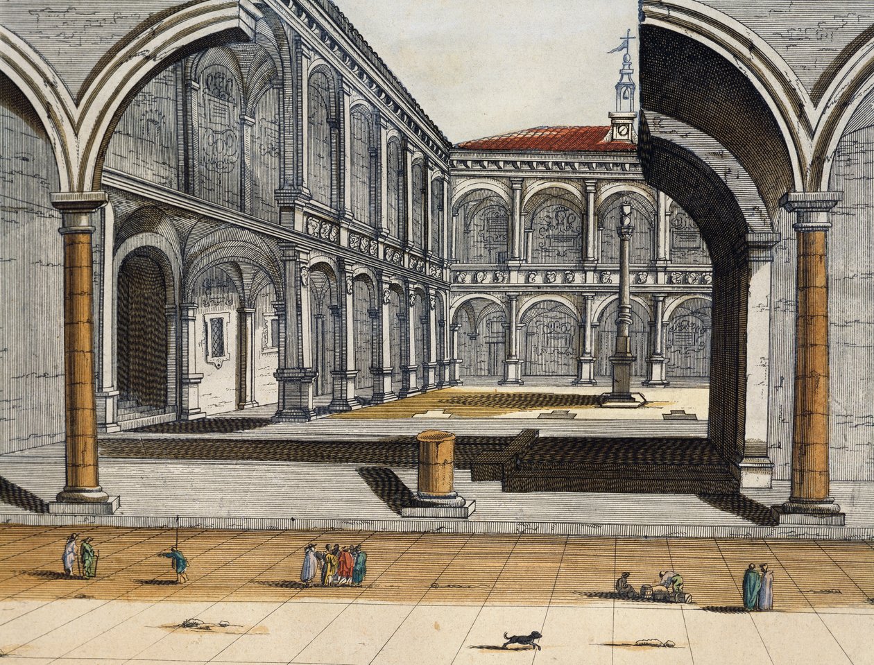 Pohled na vnitřní nádvoří staré univerzity v Bologni, Joan Blaeu, rytina, Itálie od Joan Blaeu