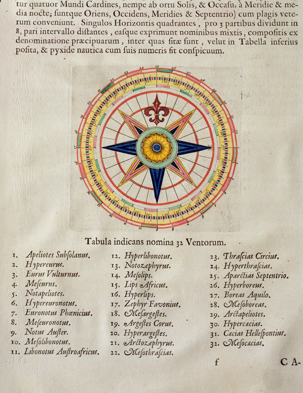 Větrná růžice s 32 světovými větry, z „Atlas Maior, Sive Cosmographia Blaviana“, 1662 (barevná rytina) od Joan Blaeu