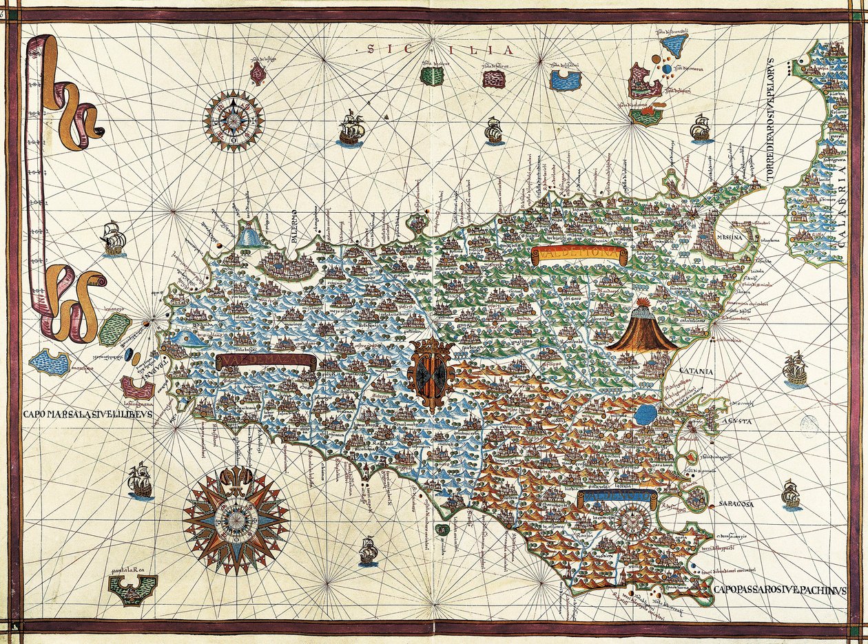 Ostrov Sicílie. (Sicílie) Navigační mapa Joan Martines (1556-1591) od Joan Martines