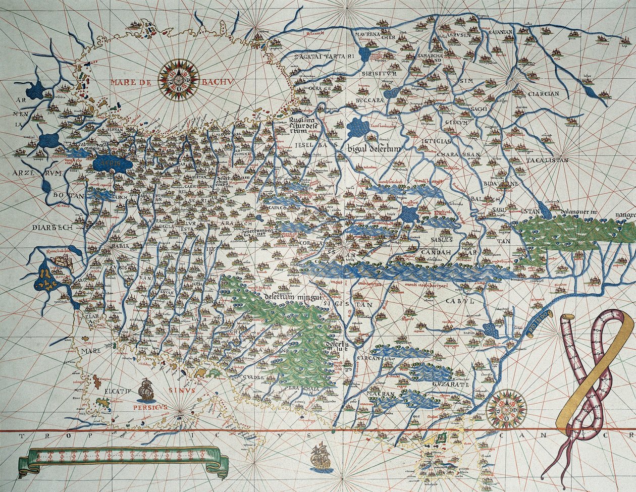 Mapa Asie, včetně Arménie, Íránu, Afghánistánu, s větrnou růžice, detaily přístavů, pobřeží a námořních tras, v Atlas de Joan Martines od Joan Martines