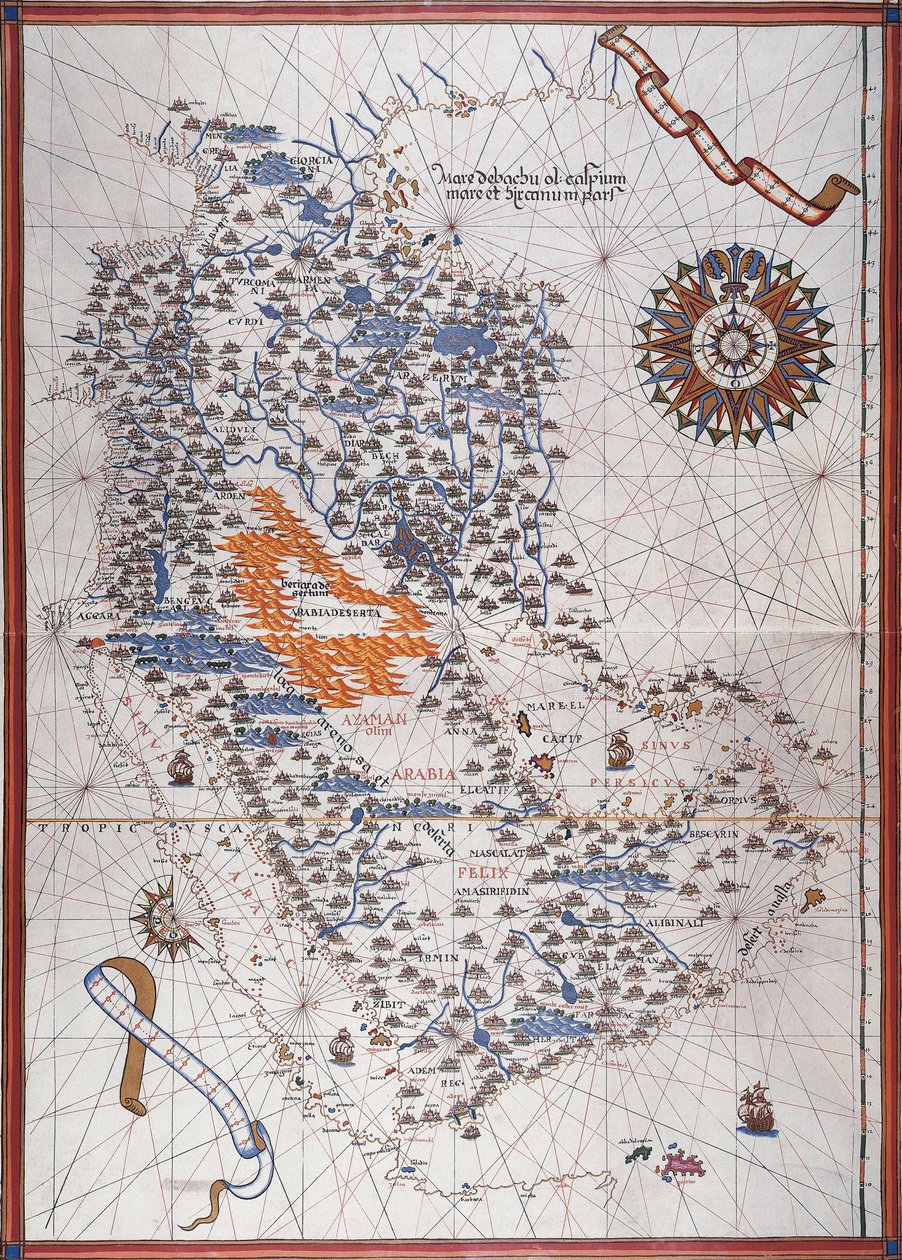 Mapa Arabského poloostrova, s větrnou růžicí a detaily přístavů a mořských pobřeží, v Atlas de Joan Martines od Joan Martines