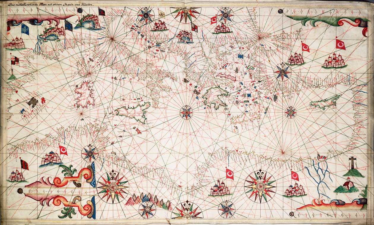 Mapa Středozemního moře, cca 1640 (pergamen) od Joan Oliva