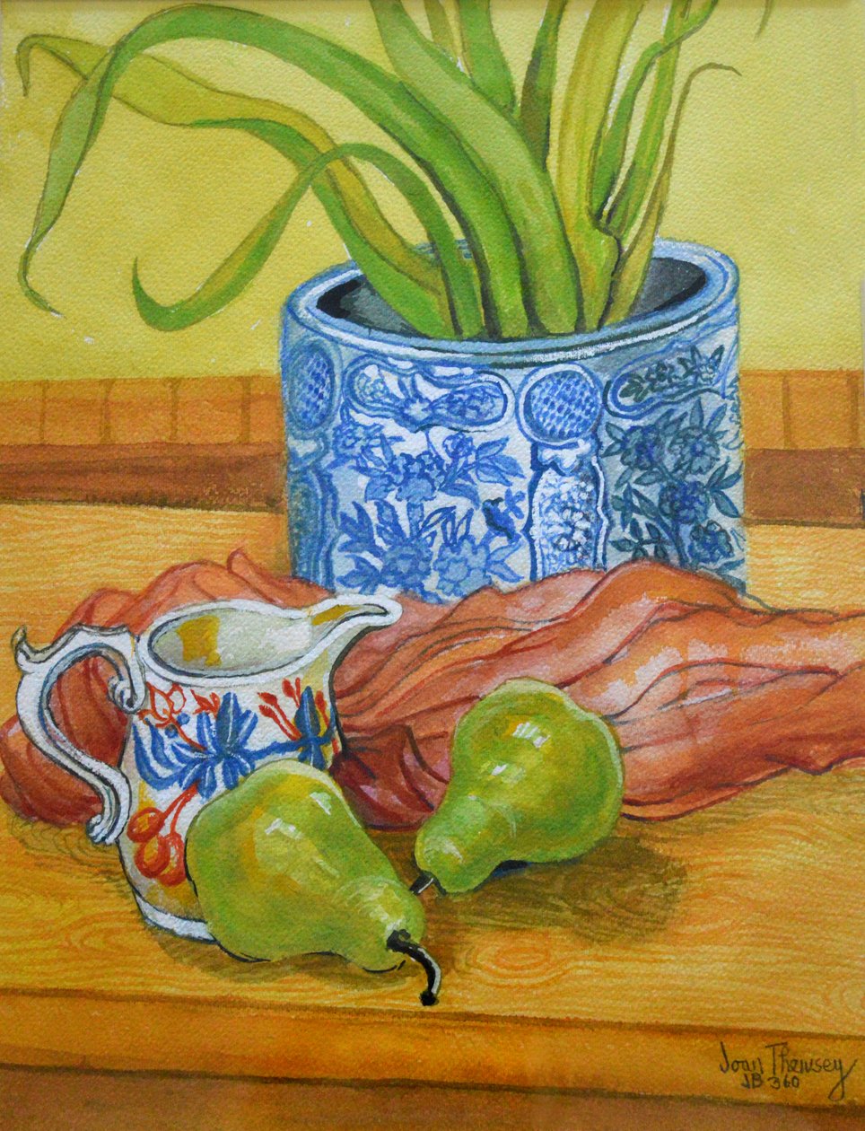 Modrý a bílý hrnec, džbán a hrušky, 2006 od Joan Thewsey