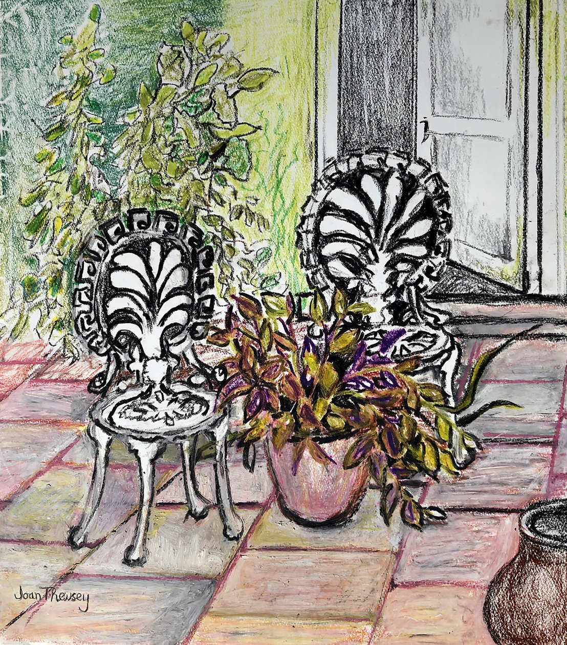 Židle na terase, s květináči (voskový pastel) od Joan Thewsey