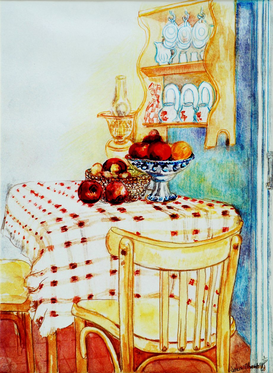 Chalupa Kuchyňský stůl s jablky, 2005, (vodová barva) od Joan Thewsey