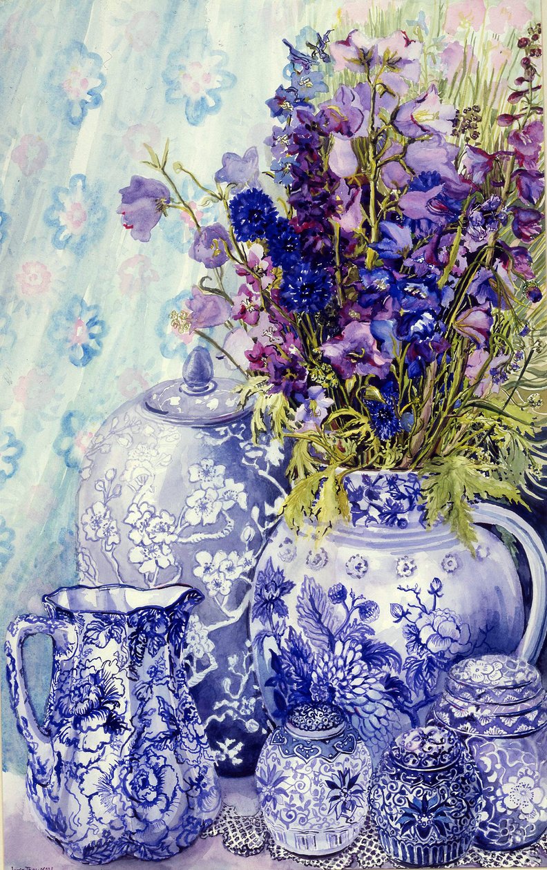 Delphiniums with Antique Blue Pots, 2000, (vodová barva) od Joan Thewsey