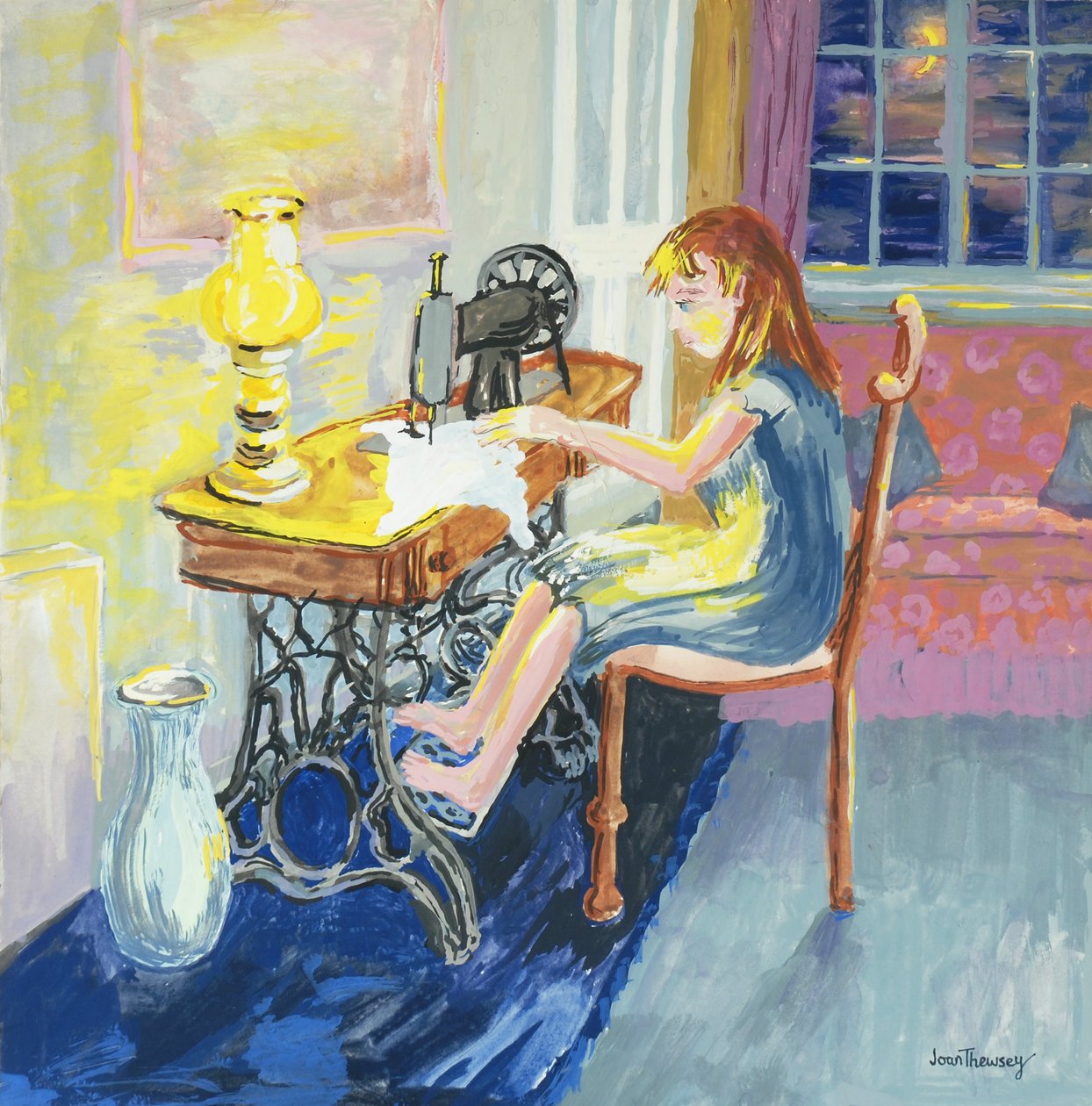 Girl Sewing, 2000, olej na plátně od Joan Thewsey