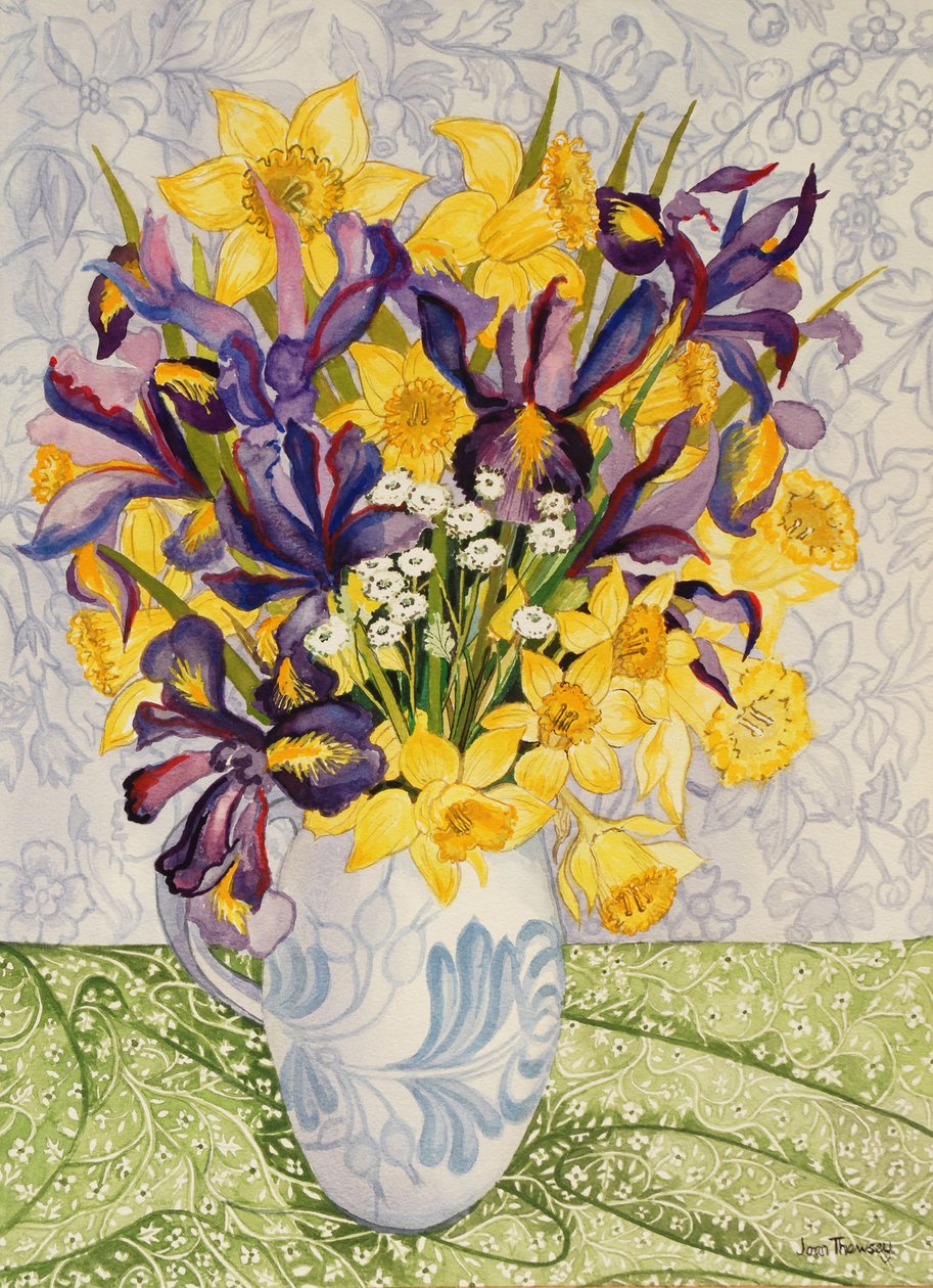 Kosatec a narcisy se vzorovaným textilem, 2008, vodová barva na ručním papíře od Joan Thewsey