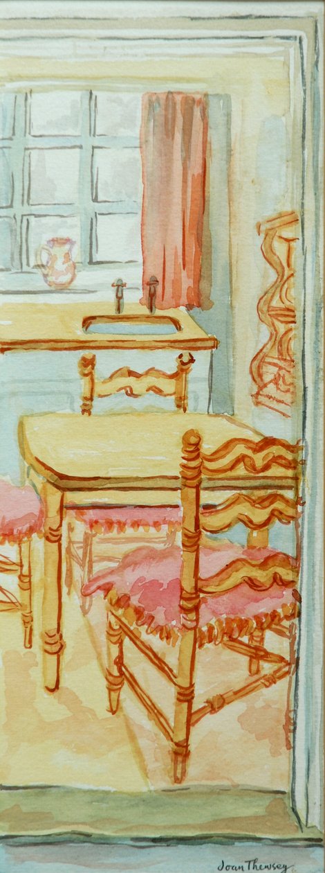 Red Cottage Kitchen, Suffolk, 2000, vodová barva na ručním papíře od Joan Thewsey