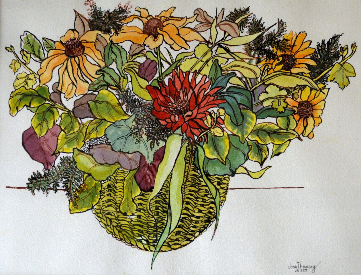 Rudbeckia s listy v košíku, 2011, (pero, inkoust a akvarel) od Joan Thewsey