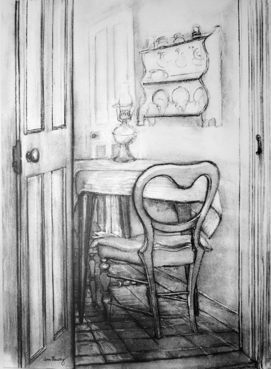 The Cottage Kitchen,1975 (dřevěné uhlí) od Joan Thewsey