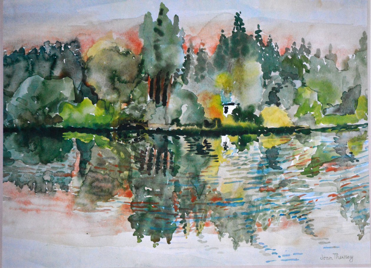 Jezero při západu slunce, Bremes les Ardres, 2000, od Joan Thewsey