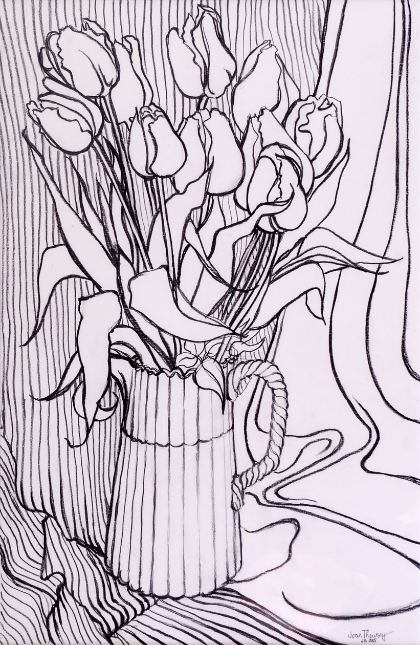Tulipány na pruhovaném plátně,2000, grafit od Joan Thewsey