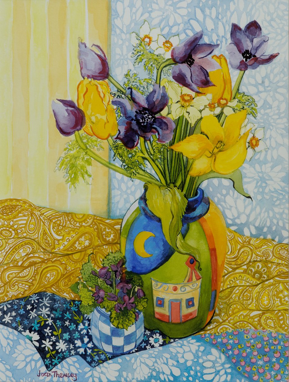 Tulipány a sasanky s květináčem fialek, 2010, akvarel od Joan Thewsey