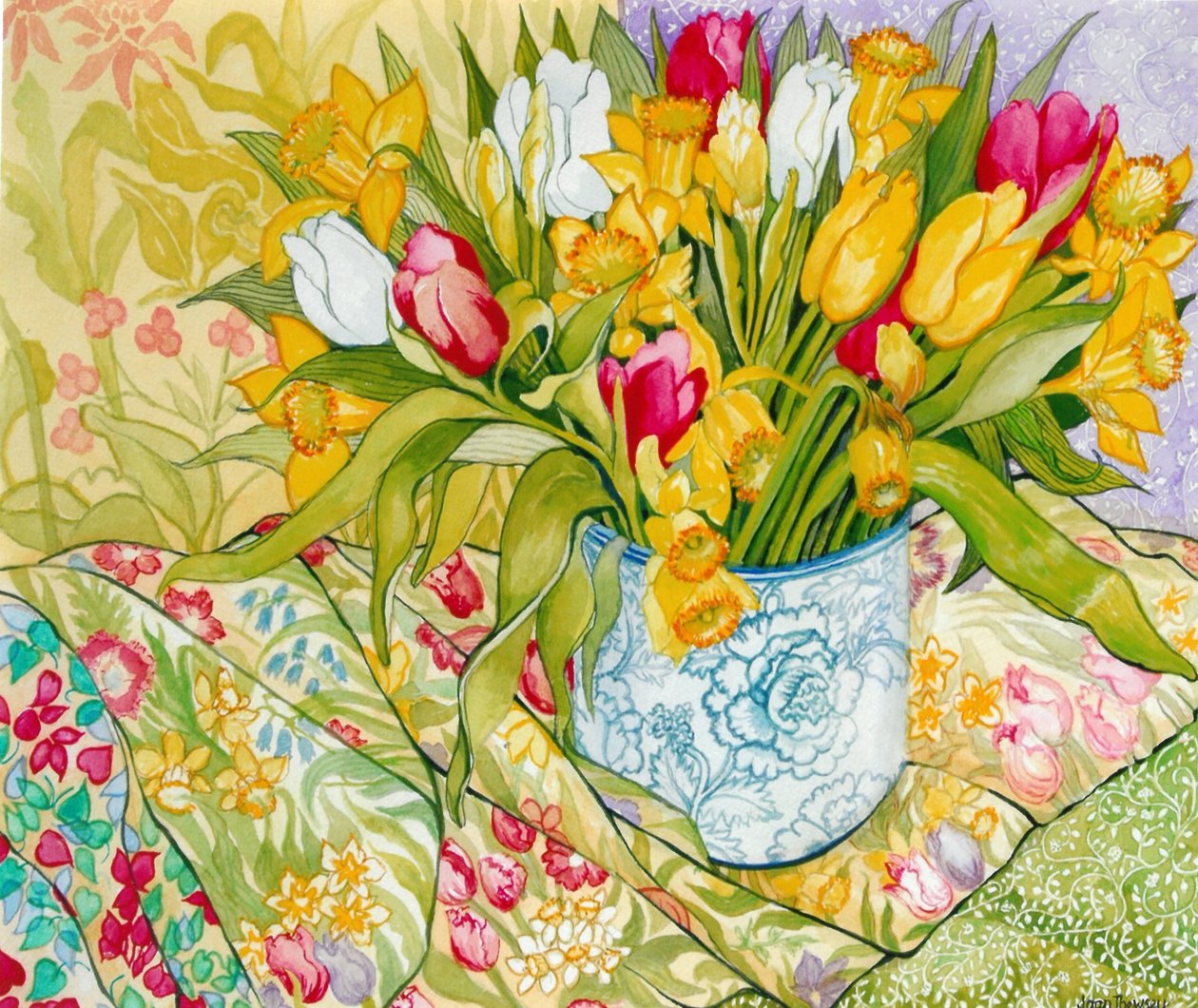 Tulipány a narcisy se vzorovaným textilem, 2000, (akvarel) od Joan Thewsey