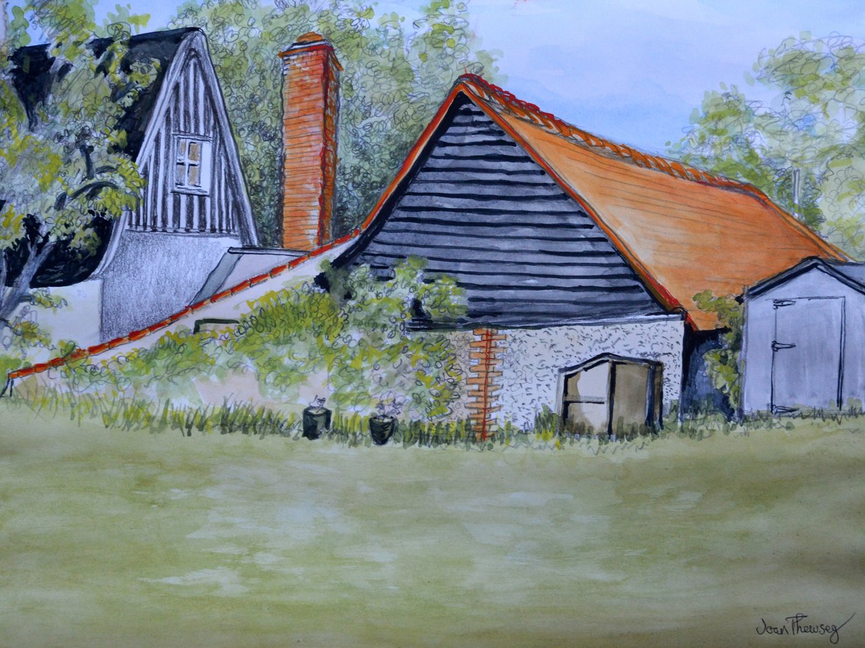 Pohled přes zahradu sousedů,2016, (tužka a akvarel) od Joan Thewsey
