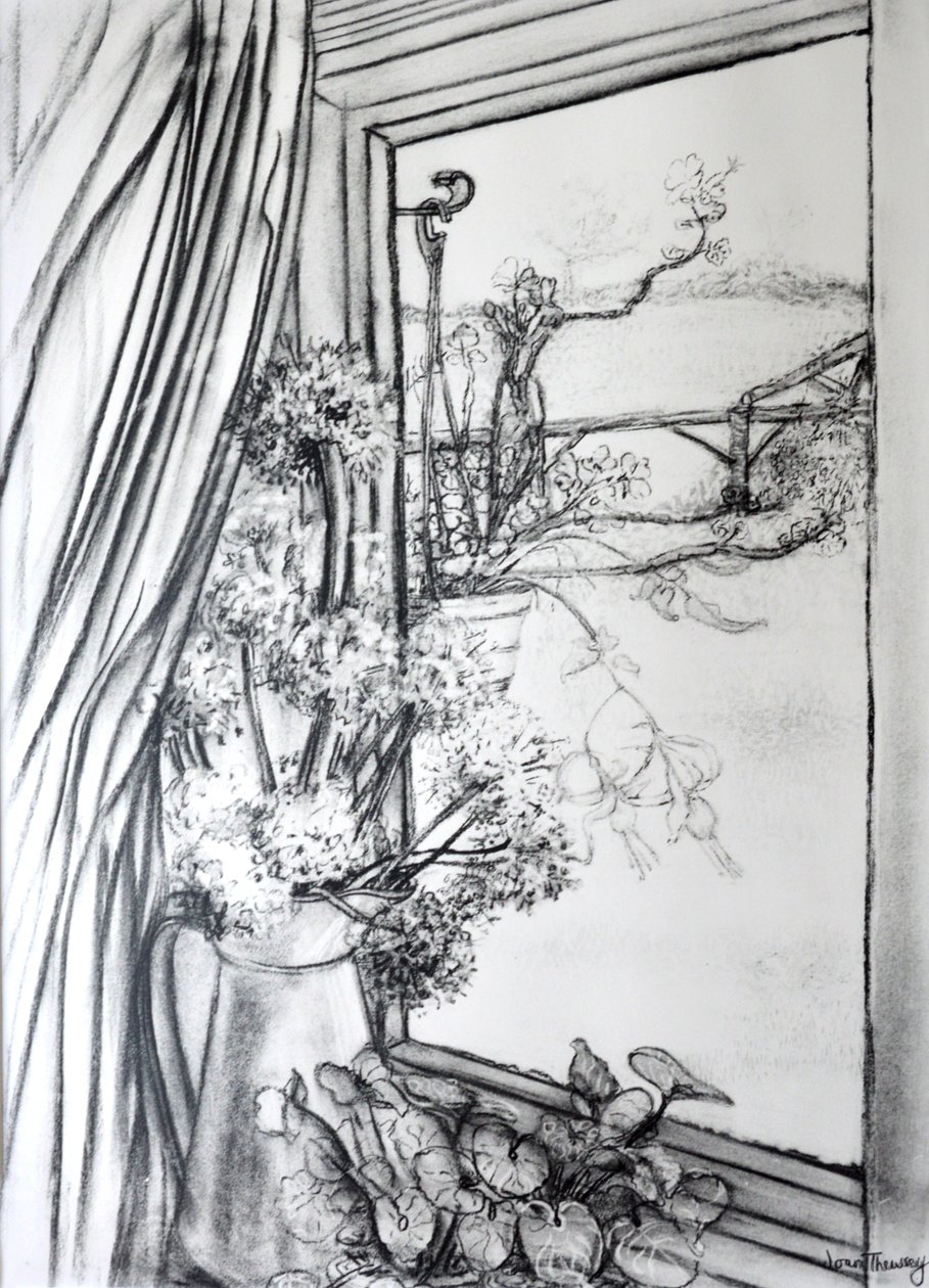 Pohled oknem do chalupy,1970 (uhel) od Joan Thewsey