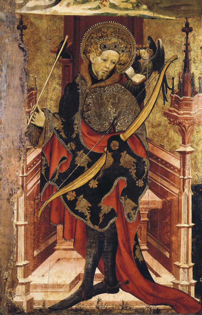 Svatý Šebestián a ukřižování. c.1417-25 (tempera na dřevě) od Joan or Juan Mates