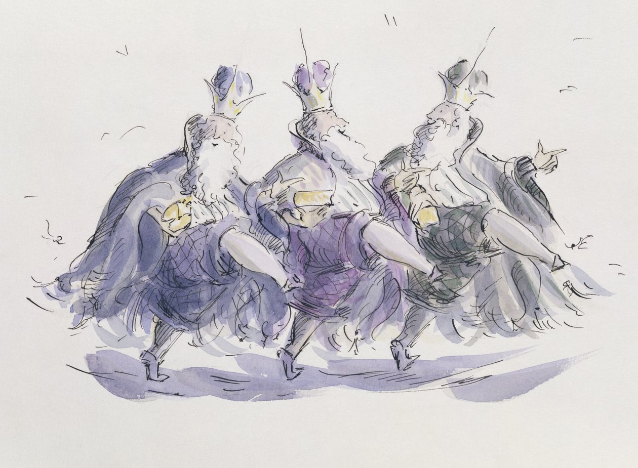 Three Kings Dancing a Jig (pero, inkoust a wc na papíře) od Joanna Logan