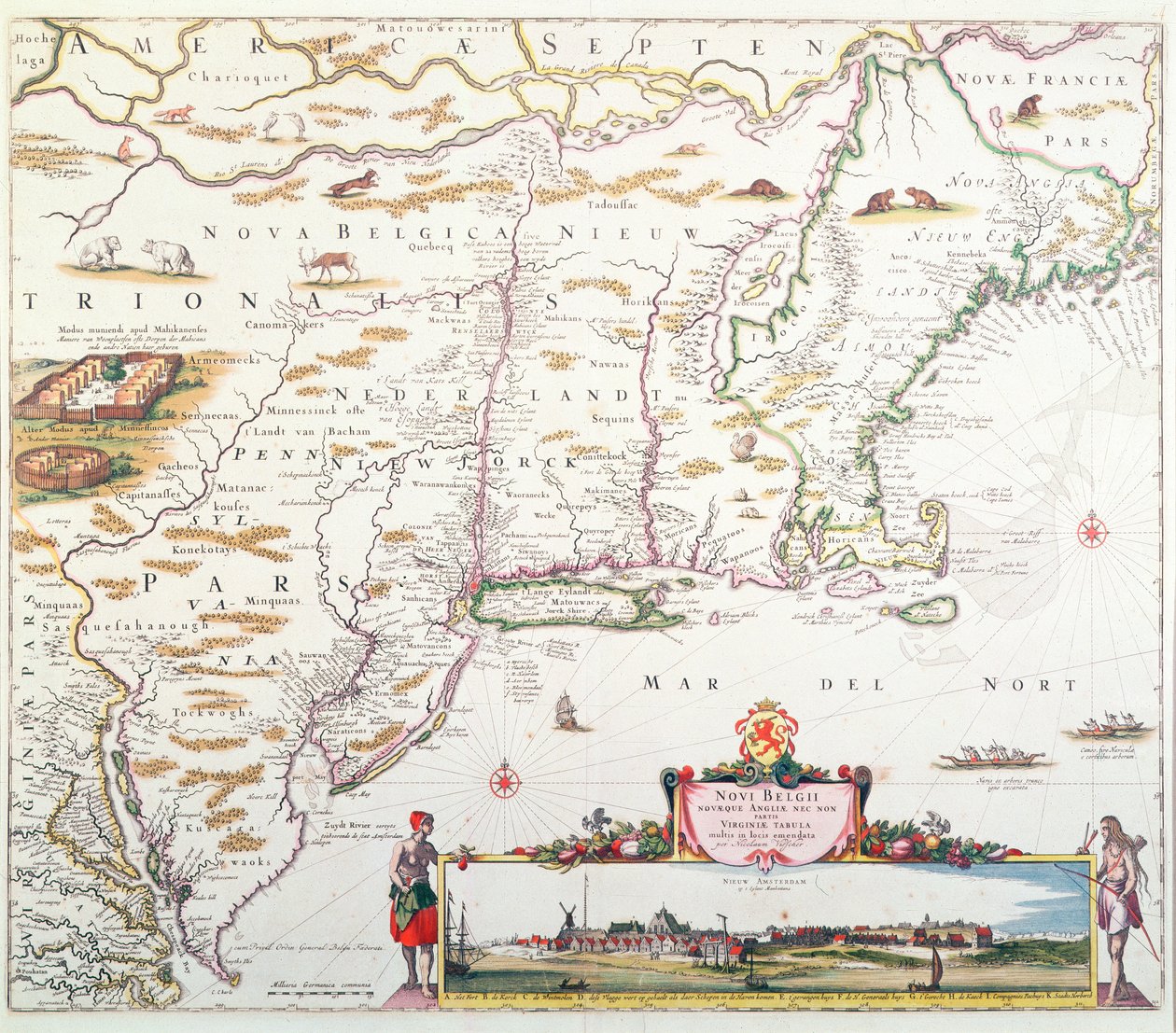 Mapa Nové Belgie s pohledem na Nový Amsterdam, sestavená Nicolaesem Visscherem (1618-1709) kolem 1651-55 (ručně kolorovaná rytina) od Joannes Jansson