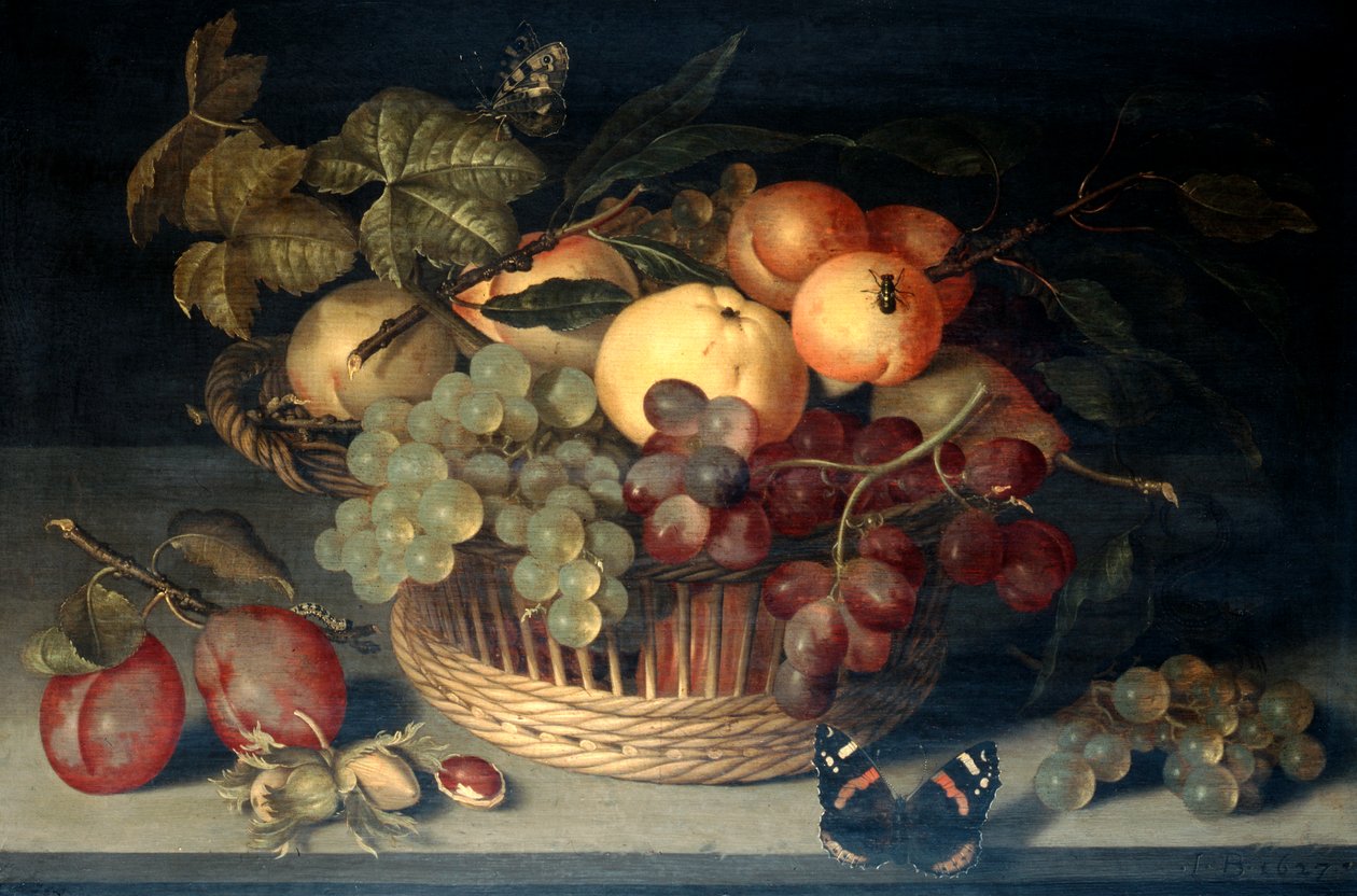 „Košík ovoce a admirálský motýl na kamenném stole“, 1610. od Joannes Busschaert