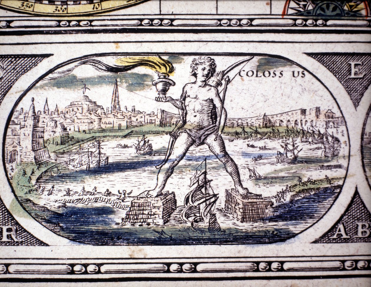 Reprezentace sedmi divů starověku: Kolos Rhodský. v Atlasu Janssona Jannsonia vytištěném v Amsterodamu roku 1630. Soukromá sbírka. od Joannes Jansson