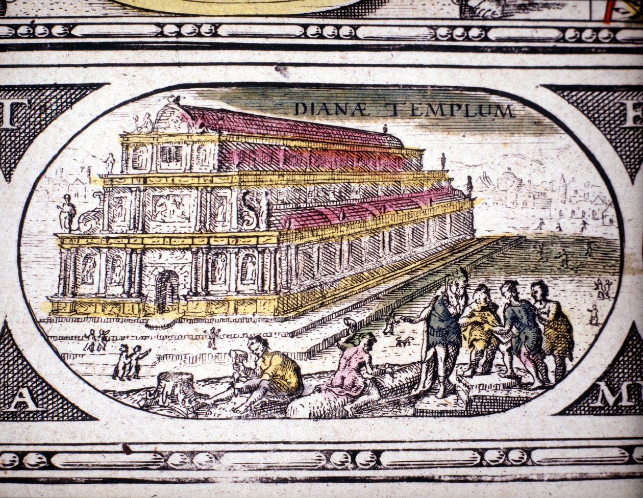 Reprezentace sedmi divů starověku: chrám Diany (Artemidin) v Efezu. v Atlasu Janssona Jannsonia vytištěném v Amsterodamu roku 1630. Soukromá sbírka. od Joannes Jansson