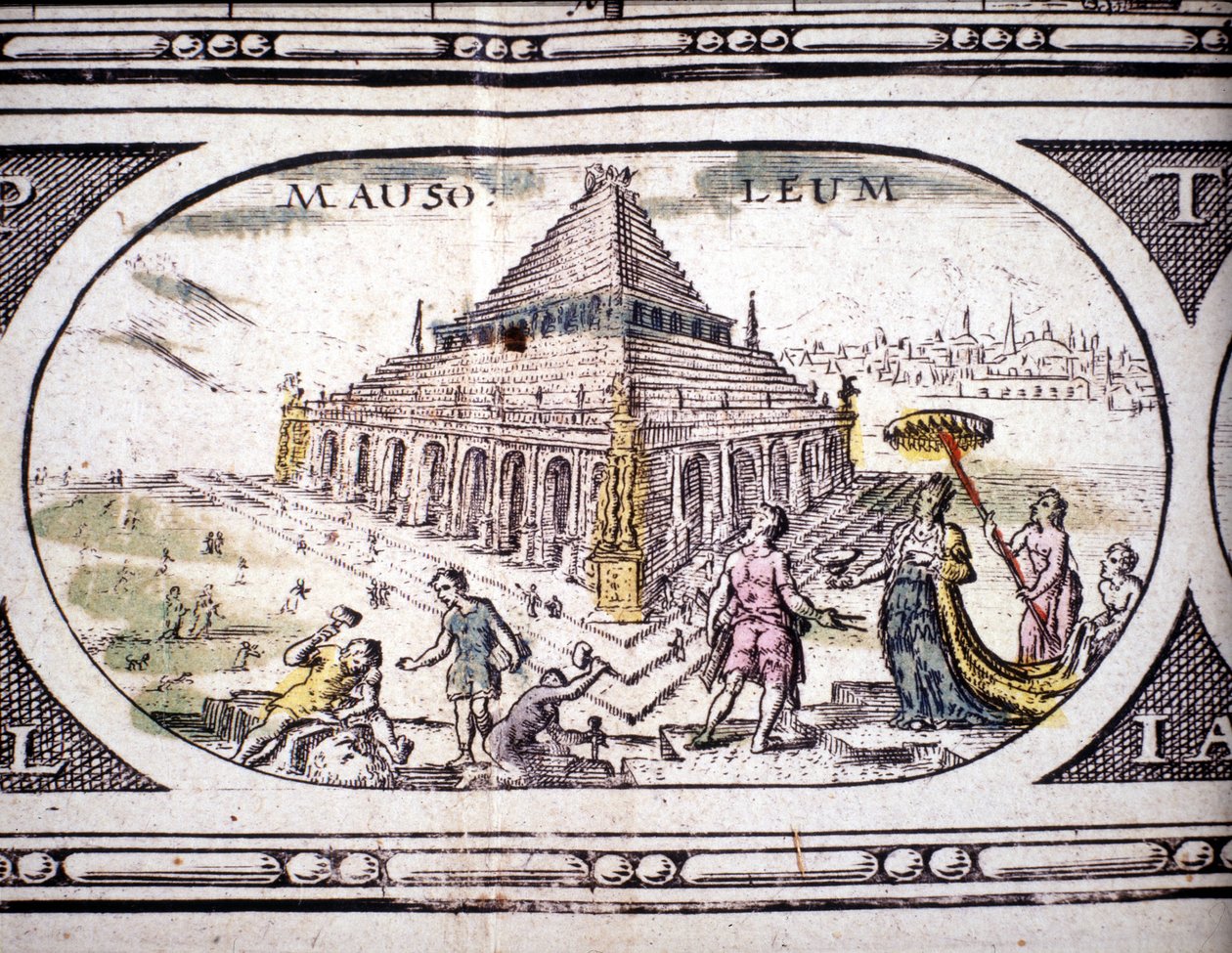Reprezentace sedmi divů starověku: mauzoleum Halikarnassu. v Atlasu Janssona Jannsonia vytištěném v Amsterodamu roku 1630. Soukromá sbírka. od Joannes Jansson