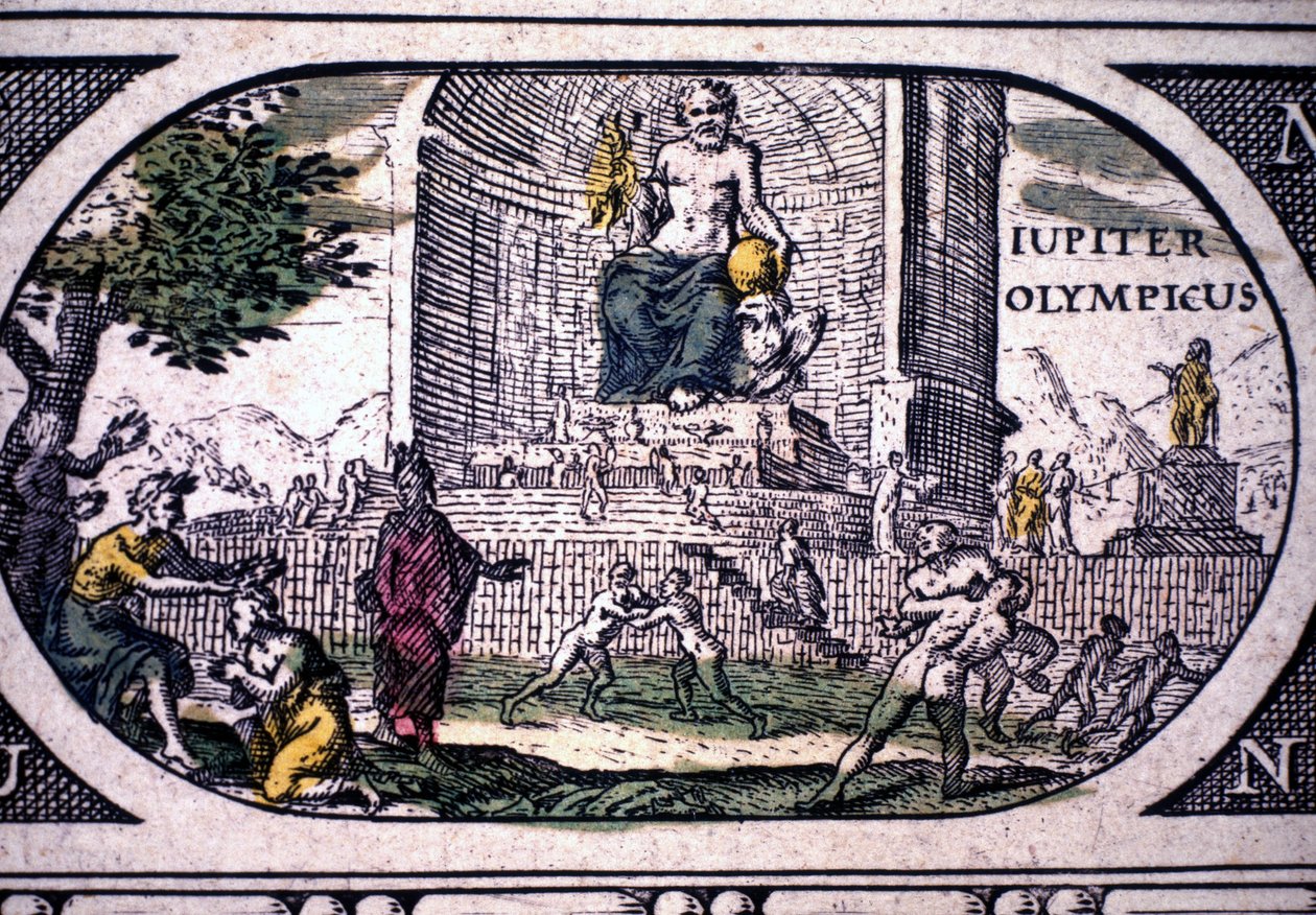 Znázornění sedmi divů starověku: socha Jupitera (Zeus) od Phidias - v ""The Atlas"" od Janssona Jannsonia, vytištěné v Amsterdamu v roce 1630 od Joannes Jansson