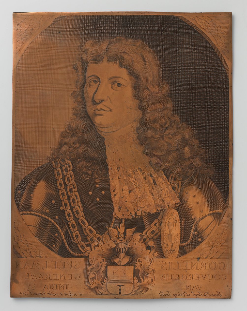 Měděná rytina s portrétem (náprsní část) Cornelise Speelmana 1640-1684, generálního guvernéra Nizozemské východní Indie 1681-1684 od Joannes de Jongh