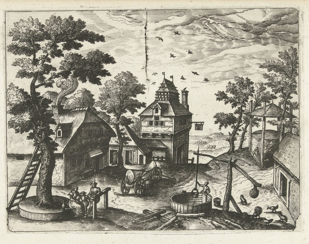 Hostinec se studnou Krajiny, mořské krajiny a imaginativní městské scenérie (název série) od Joannes van Doetechum (I) (attributed to)