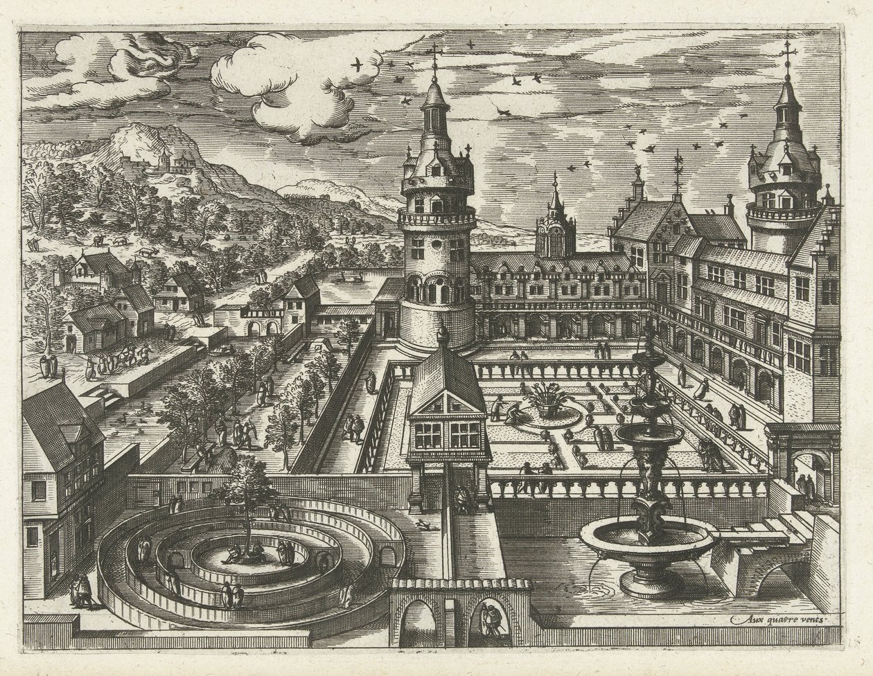 Hrad s bludištěm a fontánou Krajiny, mořské krajiny a imaginativní městské scenérie (název série) od Joannes van Doetechum (I) (attributed to)