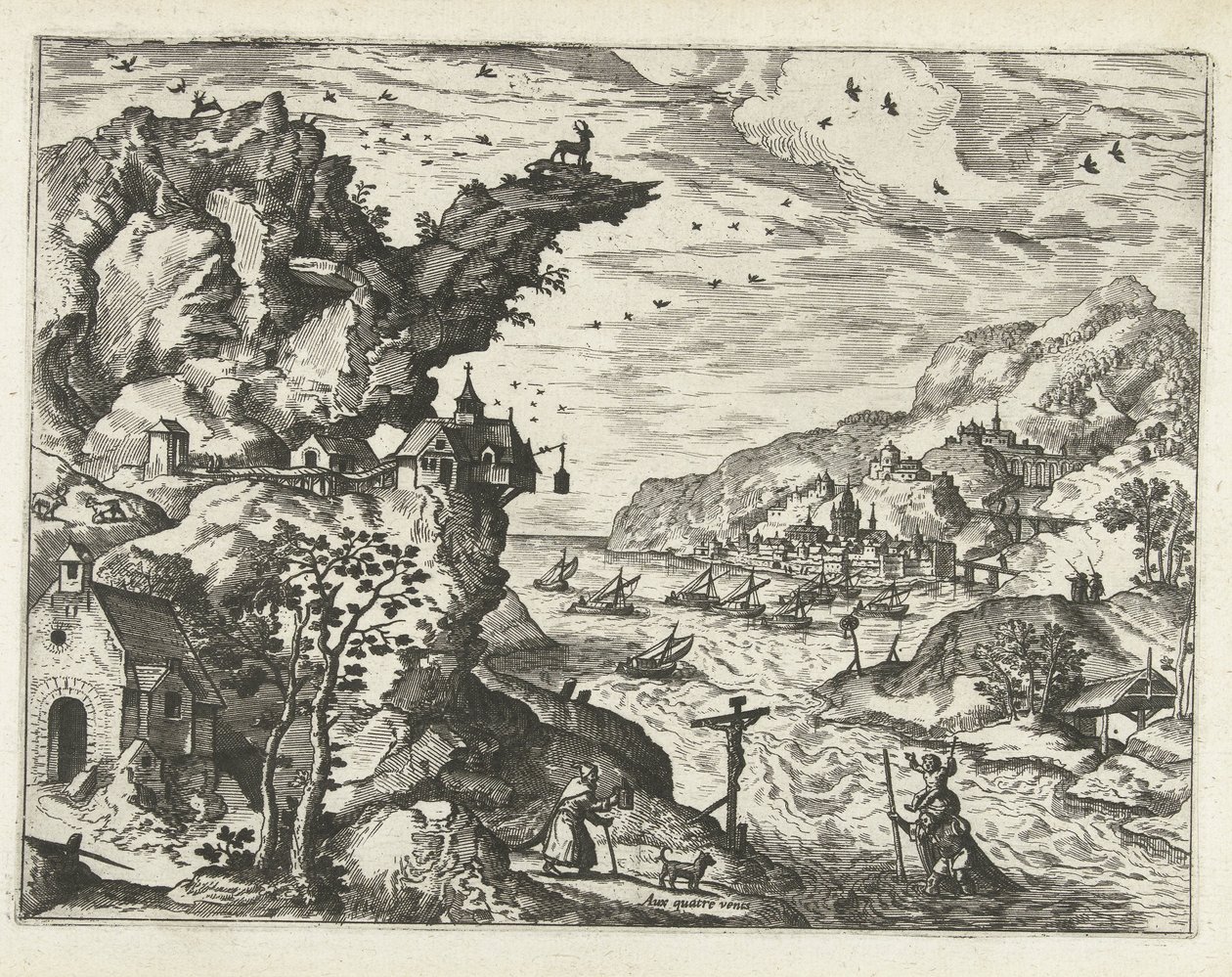 Krajina se svatým Kryštofem Krajiny, mořské krajiny a imaginativní městské scenérie (název série) od Joannes van Doetechum (I) (attributed to)