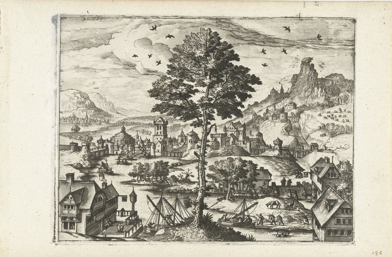 Krajina s městem na řece Krajiny, mořské krajiny a imaginativní městské scenérie (název série) od Joannes van Doetechum (I) (attributed to)