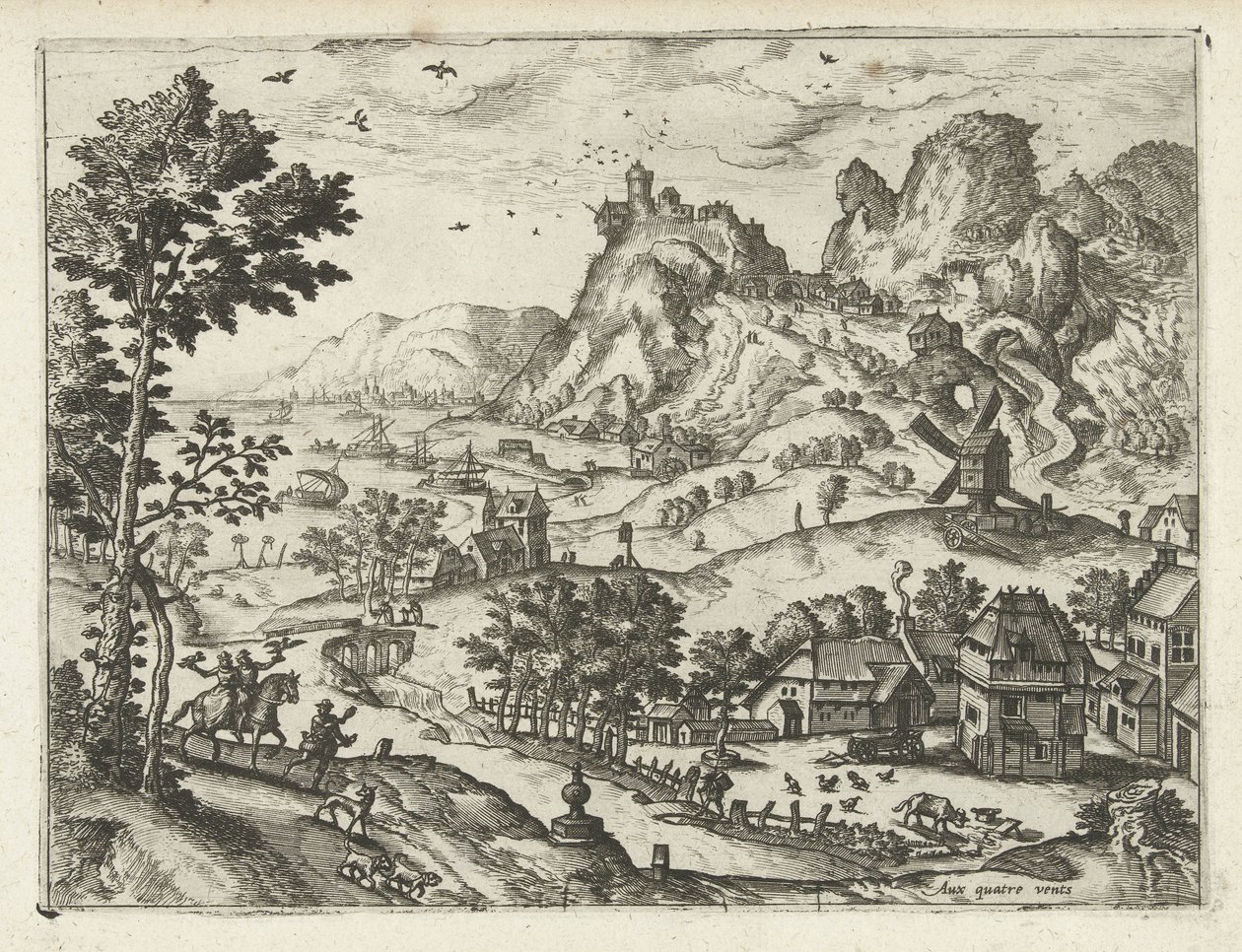 Krajina se sokolovnou Krajiny, mořské krajiny a imaginativní městské scenérie (název série) od Joannes van Doetechum (I) (attributed to)