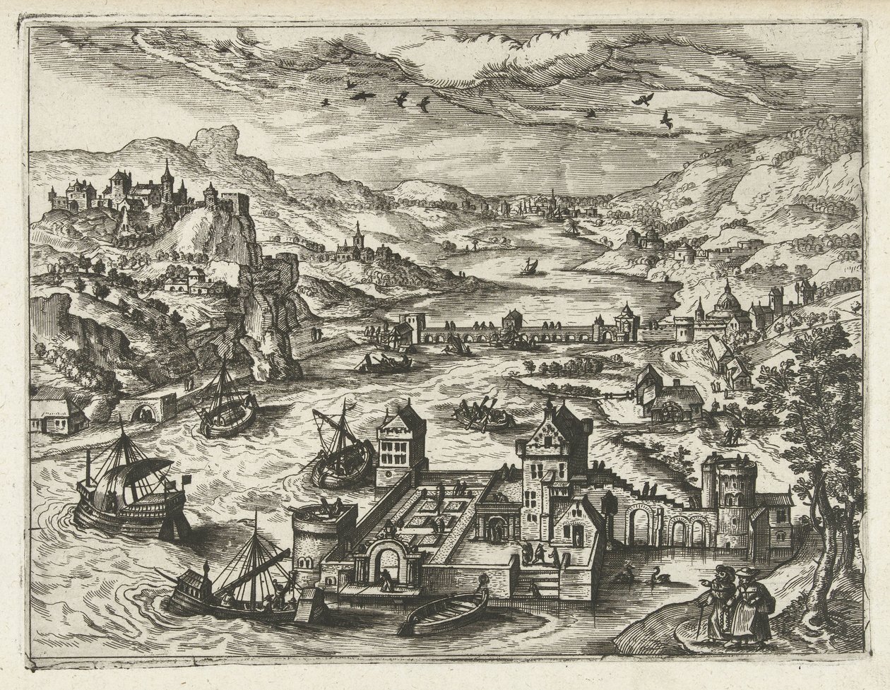 Říční krajina s vodním hradem Krajiny, mořské krajiny a imaginativní městské scenérie (název série) od Joannes van Doetechum (I) (attributed to)