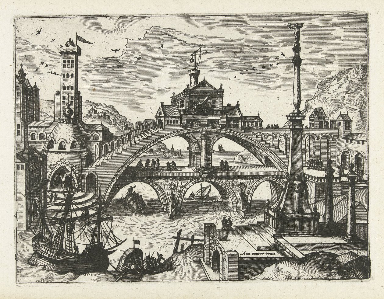 Město s postaveným mostem Krajiny, mořské krajiny a imaginativní městské scenérie (název série) od Joannes van Doetechum (I) (attributed to)