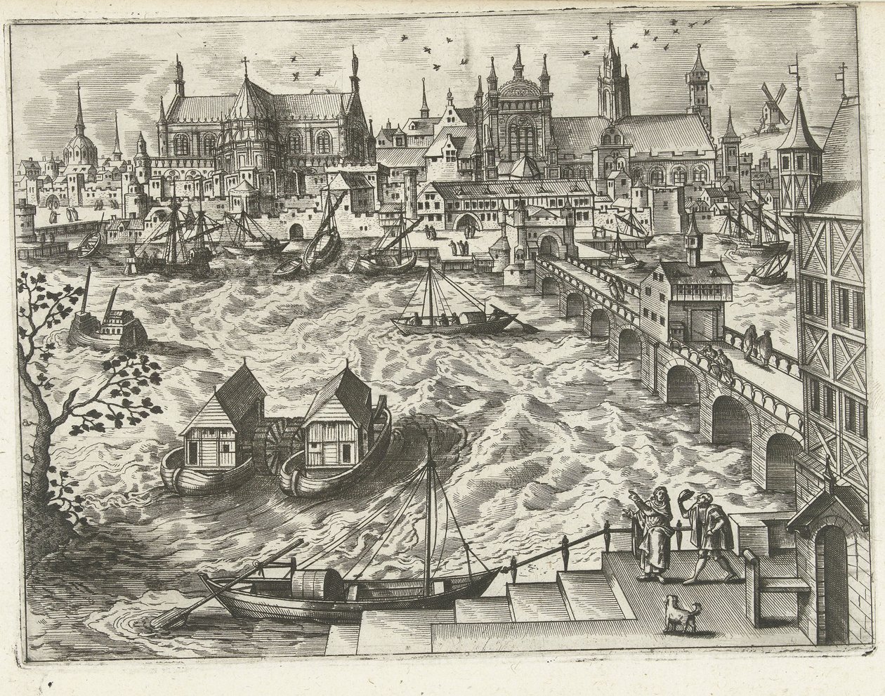 Panoráma města s mostem a přístavem Krajiny, mořské krajiny a imaginativní městské scenérie (název série) od Joannes van Doetechum (I) (attributed to)