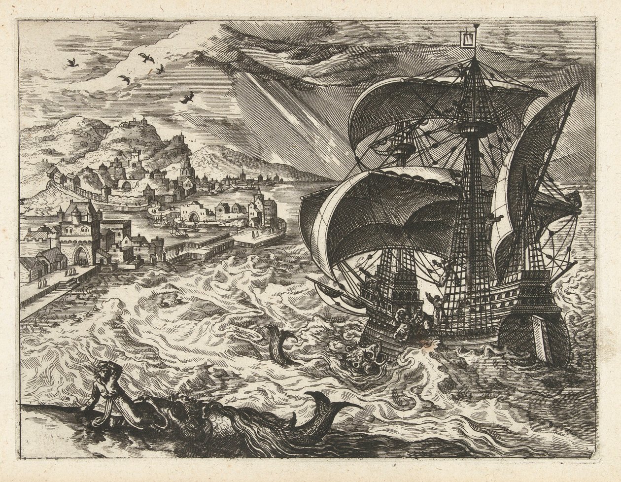 Přímořská krajina s Jonášem a velrybou Krajiny, mořské krajiny a imaginativní městské scenérie (název série) od Joannes van Doetechum (I) (attributed to)