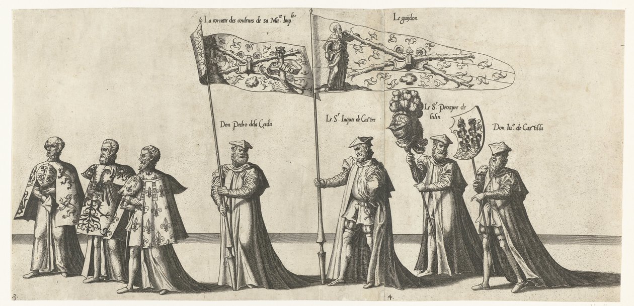 Deel van de optocht, nr. 3 ve 4 Begrafenisoptocht van keizer Karel V, 1558 (název série) Nádherná a přepychová pohřební pumpa, provedená na pohřbu a pohřbu velmi velkého a velmi vítězného císaře Karla Pátého, oslavovaného ve městě Bru od Joannes van Doetechum (I)