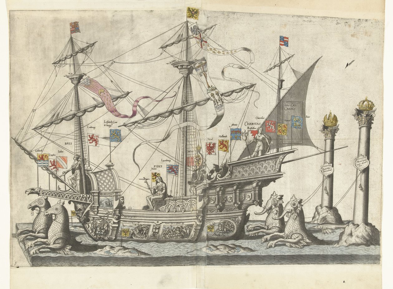 Het schip Victoria, nr. 5 Begrafenisoptocht van keizer Karel V, 1558 (název série) Nádherná a přepychová pohřební pumpa, uvedená na pohřbu a pohřbu velmi velkého a velmi vítězného císaře Karla Pátého, oslavovaném v Bruselu od Joannes van Doetechum (I)