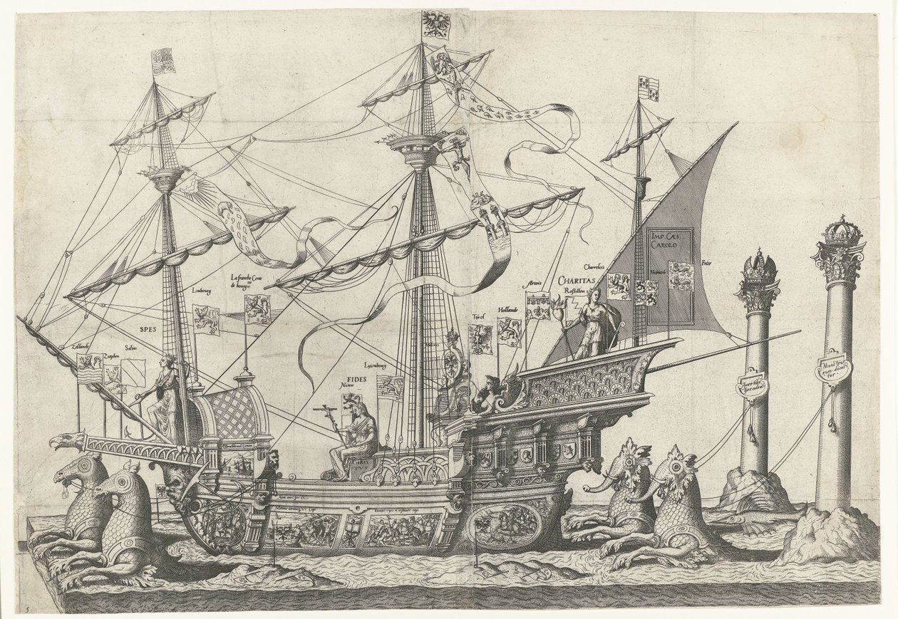 Loď Victoria, č. 5 Pohřební průvod císaře Karla V., 1558 (název série) od Joannes van Doetechum (I)